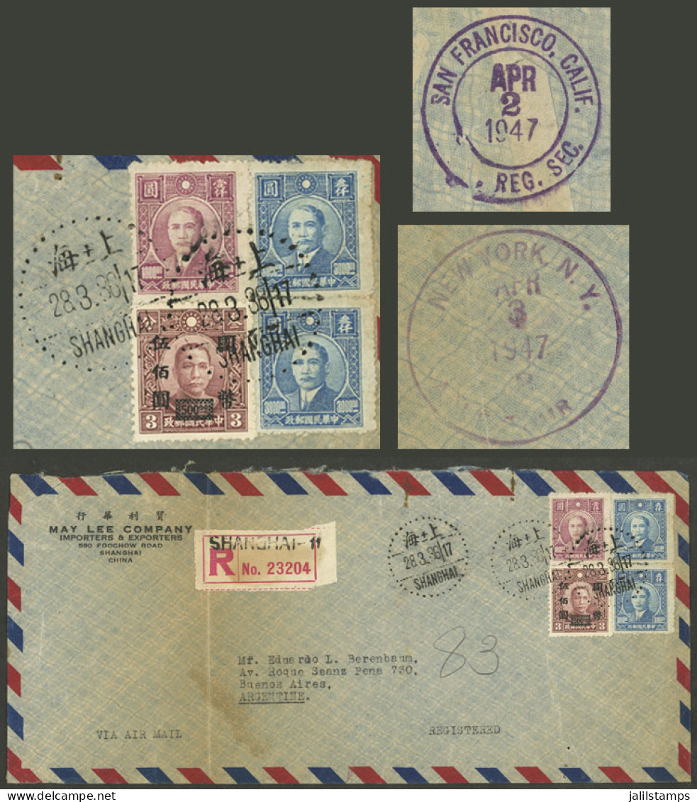 CHINA: Registered Airmail Cover Sent From Shanghai To Argentina On 28/MAR/1947 Franked With 7,500$, On Back It Bears Tra - Autres & Non Classés