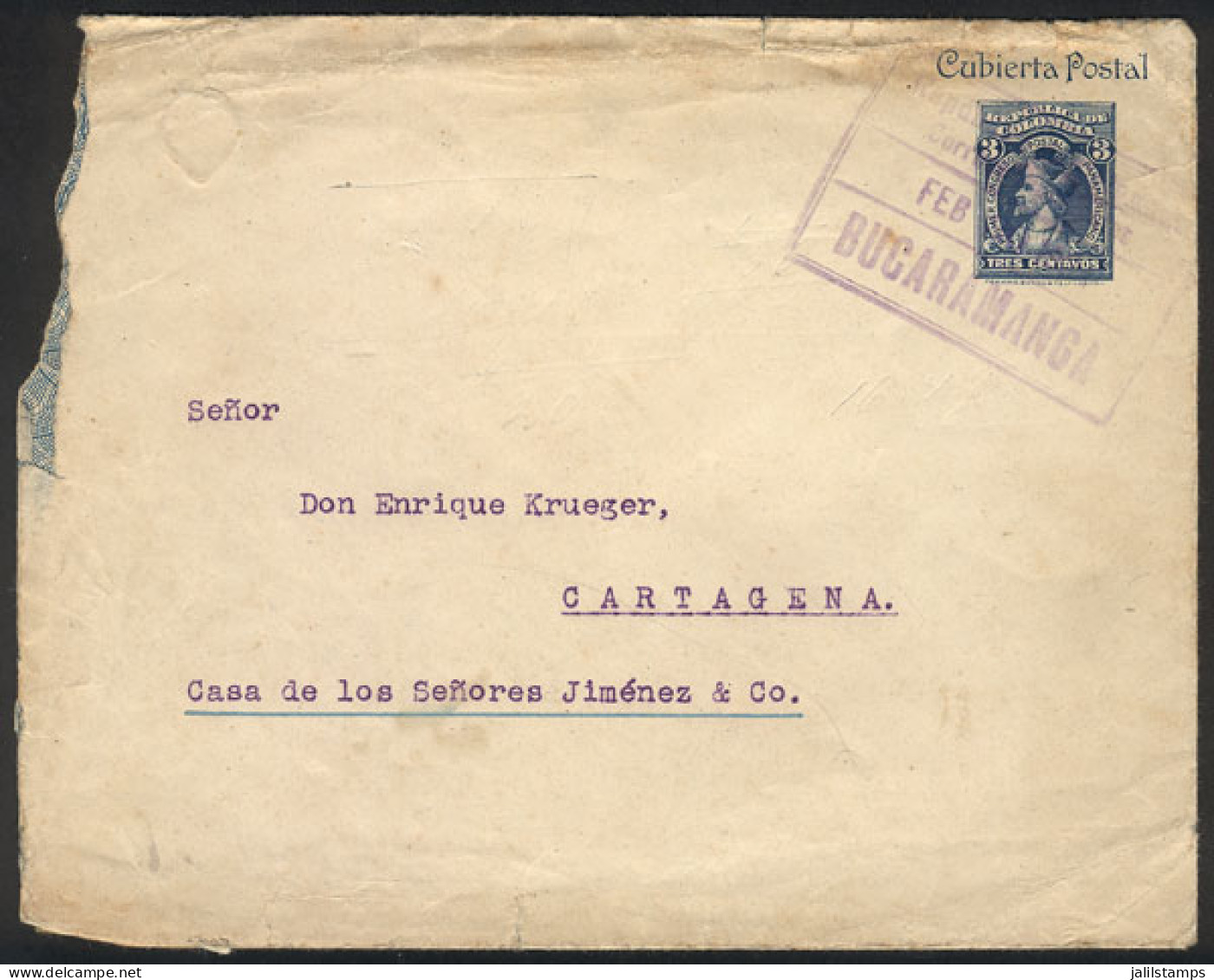 COLOMBIA: 3c. Stationery Envelope Sent From Bucaramanga To Cartagena In FEB/1924, Nice Postmarks! - Kolumbien