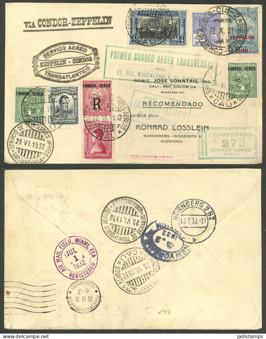 COLOMBIA: Colombia - Brazil MIXED POSTAGE, Registered Cover Originally Sent From Rio De Janeiro To Cali (via Barranquill - Colombie