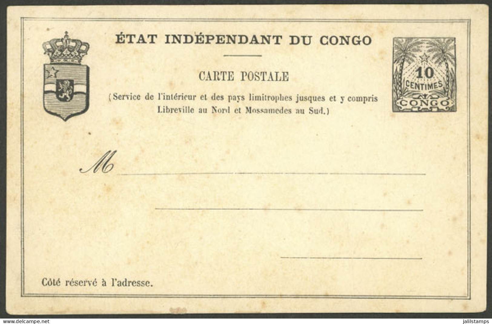 CONGO: Old 10c. Postal Card, Unused, Ligh Corner Crease But Very Fine Appearance! - Other & Unclassified