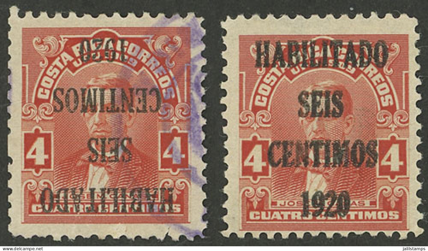 COSTA RICA: 2 Stamps Overprinted In 1920, One With INVERTED Ovpt. (used) And The Other One With DOUBLE Ovpt. (mint), Int - Costa Rica