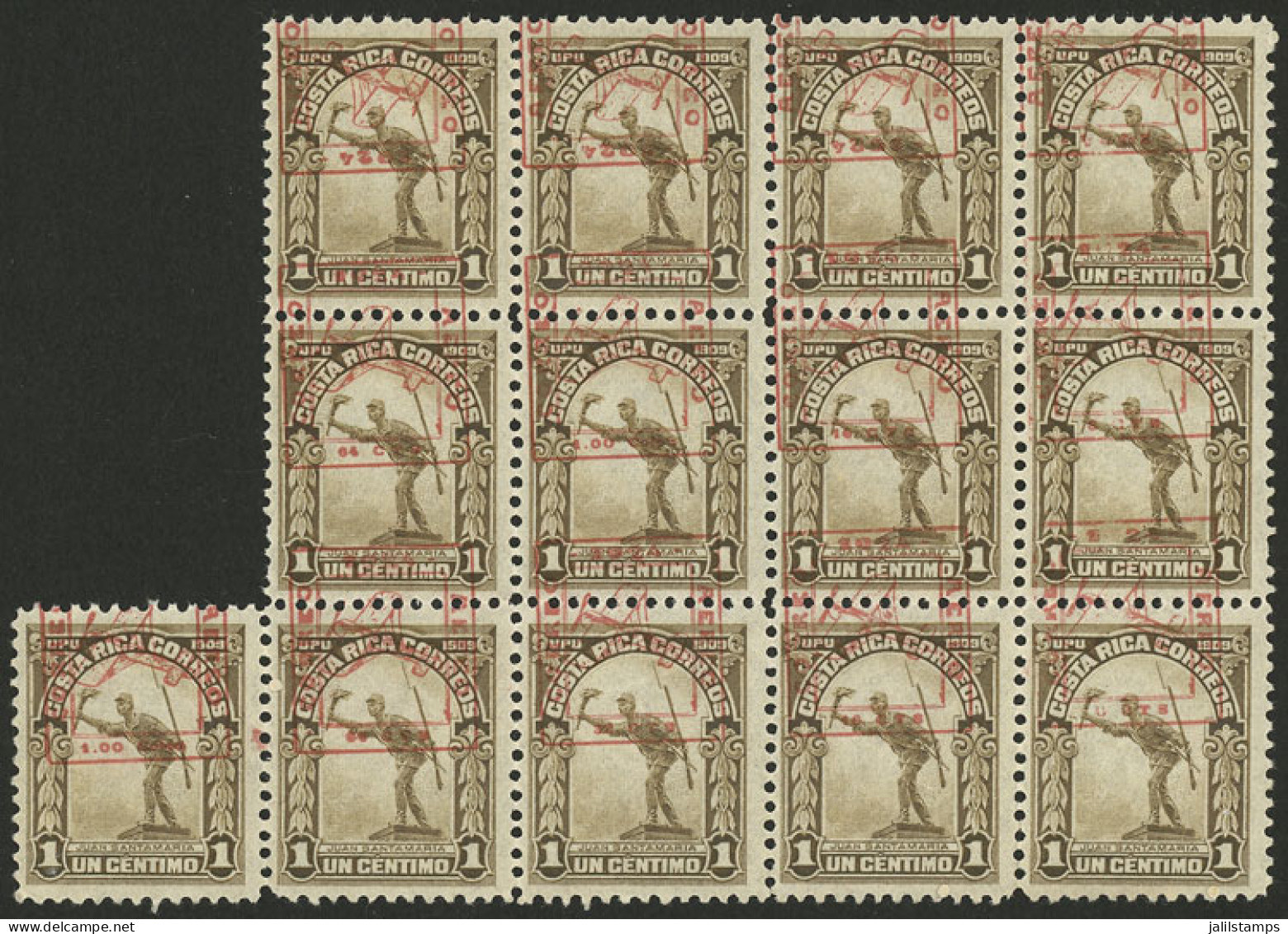 COSTA RICA: Block Of 13 Stamps Of 1c. Issued In 1909 With Interesting Red Overprint Of Year 1924 For AIRMAIL, There Are  - Costa Rica