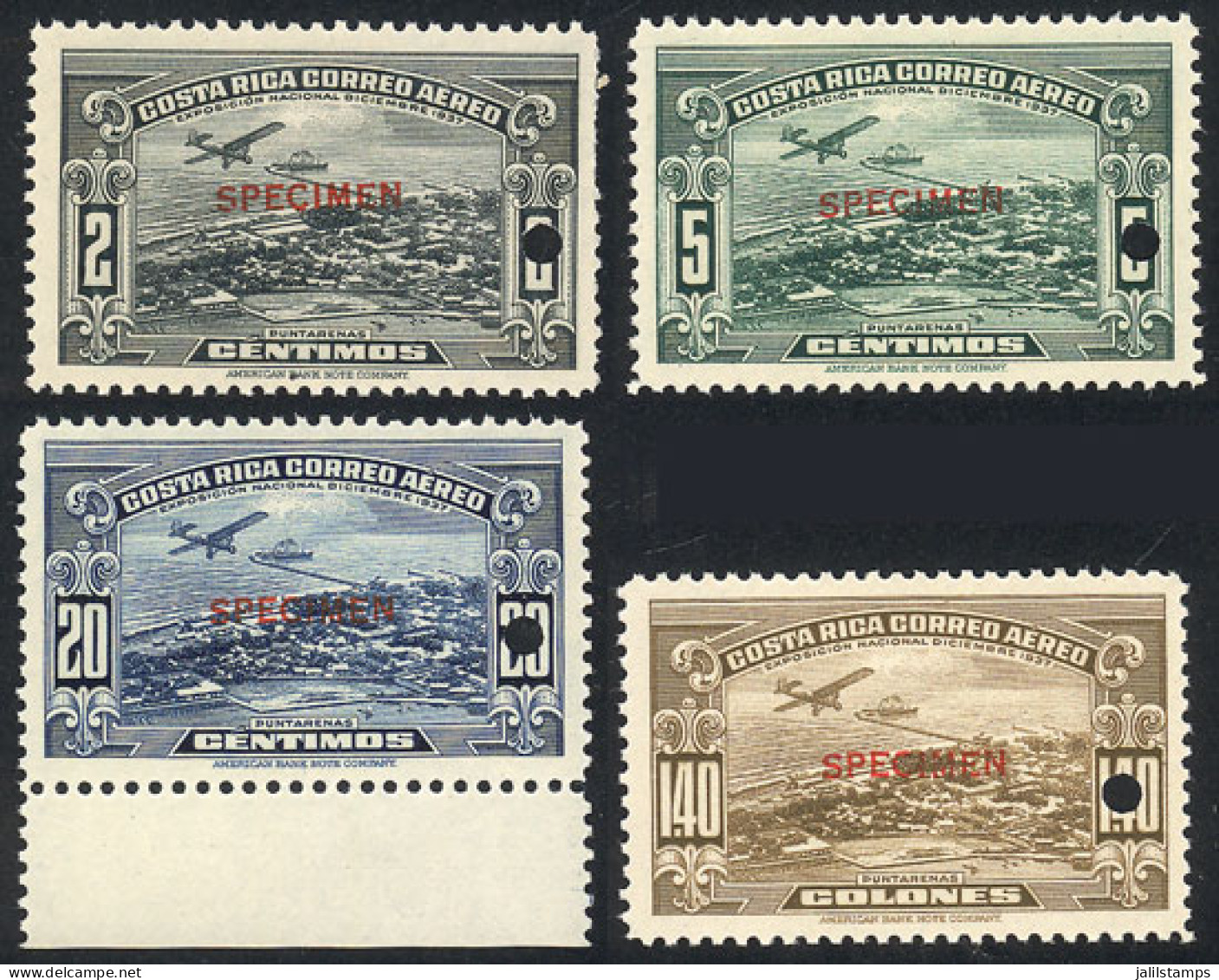 COSTA RICA: Sc.C31/C34, 1937 Cmpl. Set Of 4 Values With SPECIMEN Overprint And Punch Hole, MNH, The 2c. Stamp With Minor - Costa Rica