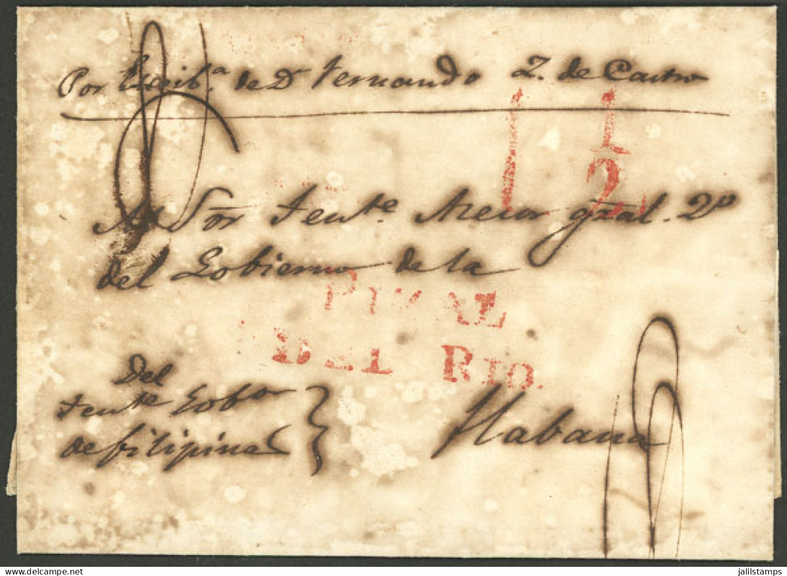 CUBA: Folded Cover Dated 20/MAR/1823 Sent To La Habana, With Red "PINAL DEL RIO" And "1½" Rating, Arrival Backstamp, Ver - Sonstige & Ohne Zuordnung
