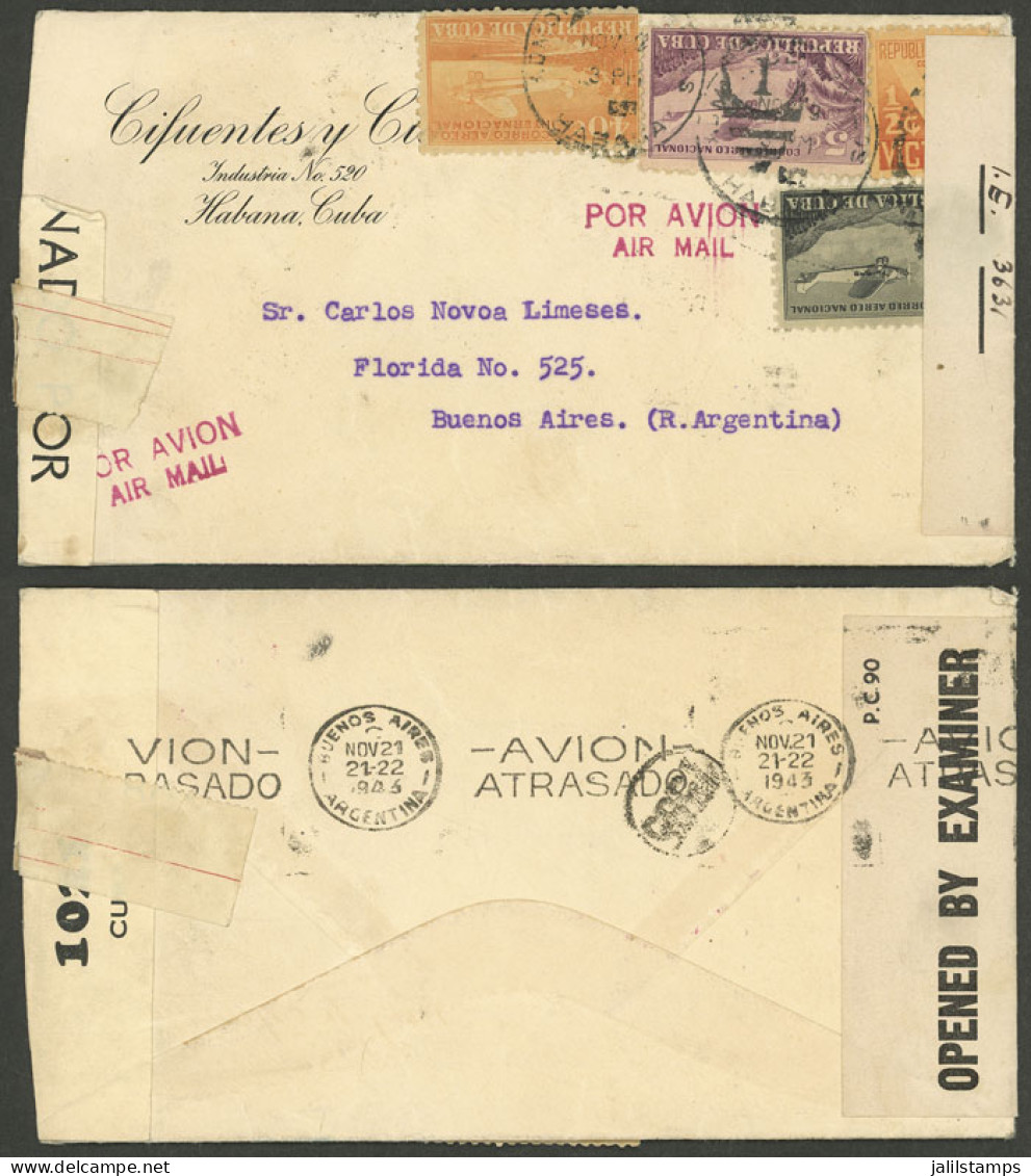 CUBA: 9/NO/1943 Habana - Argentina, Airmail Cover With Attractive 4-color Franking, And DOUBLE Censorship, Buenos Aires  - Sonstige & Ohne Zuordnung