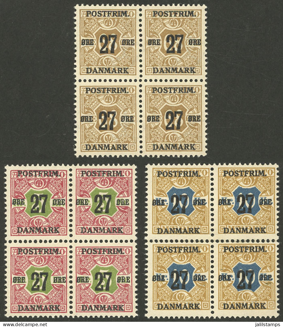 DENMARK: Yvert 92/94, 1918 The 3 High Values Of The Set In MNH Blocks Of 4, Very Fine Quality! - Otros & Sin Clasificación