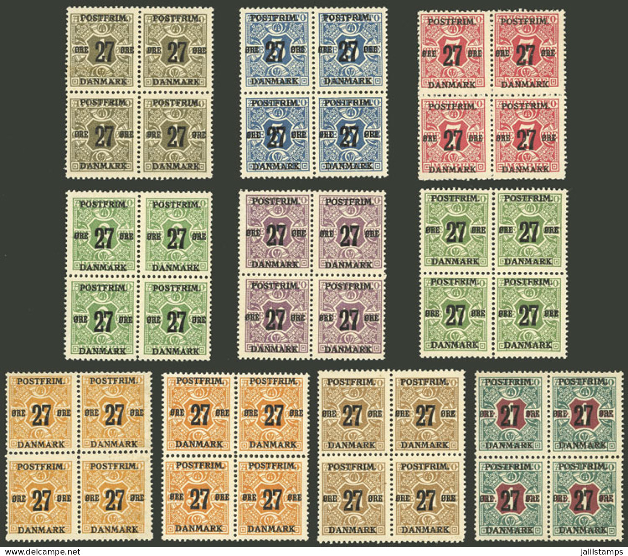 DENMARK: Yvert 95/104, 1918 Complete Set Of 10 Overprinted Values, MNH Blocks Of 4, Excellent Quality! - Other & Unclassified