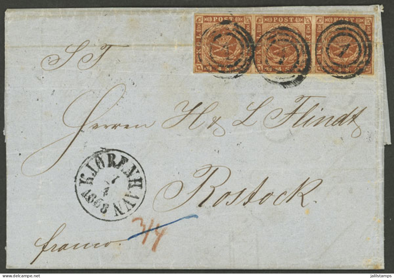 DENMARK: Entire Letter Dated 6/AP/1856 And Sent From Elsenr? To Rostock With Nice 12s. Franking (Sc.2 In Strip Of 3), Wi - Sonstige & Ohne Zuordnung