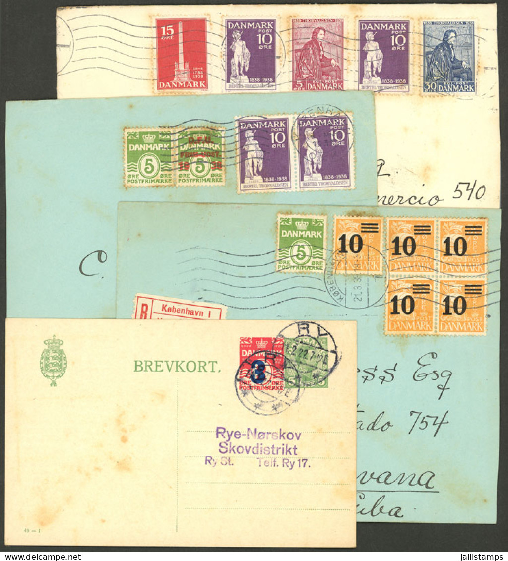 DENMARK: Postal Card Used In Ry In 1922 + 3 Covers Sent To Cuba In 1938/9, With Some Stains, Fine Appearance! - Other & Unclassified