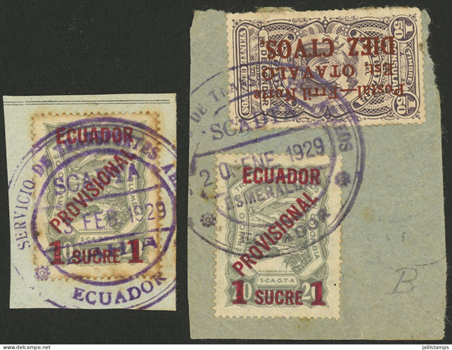 ECUADOR: Sc.C3, 1928 1S. On 20c. Gray, 2 Used Stamps On Fragments! - Equateur