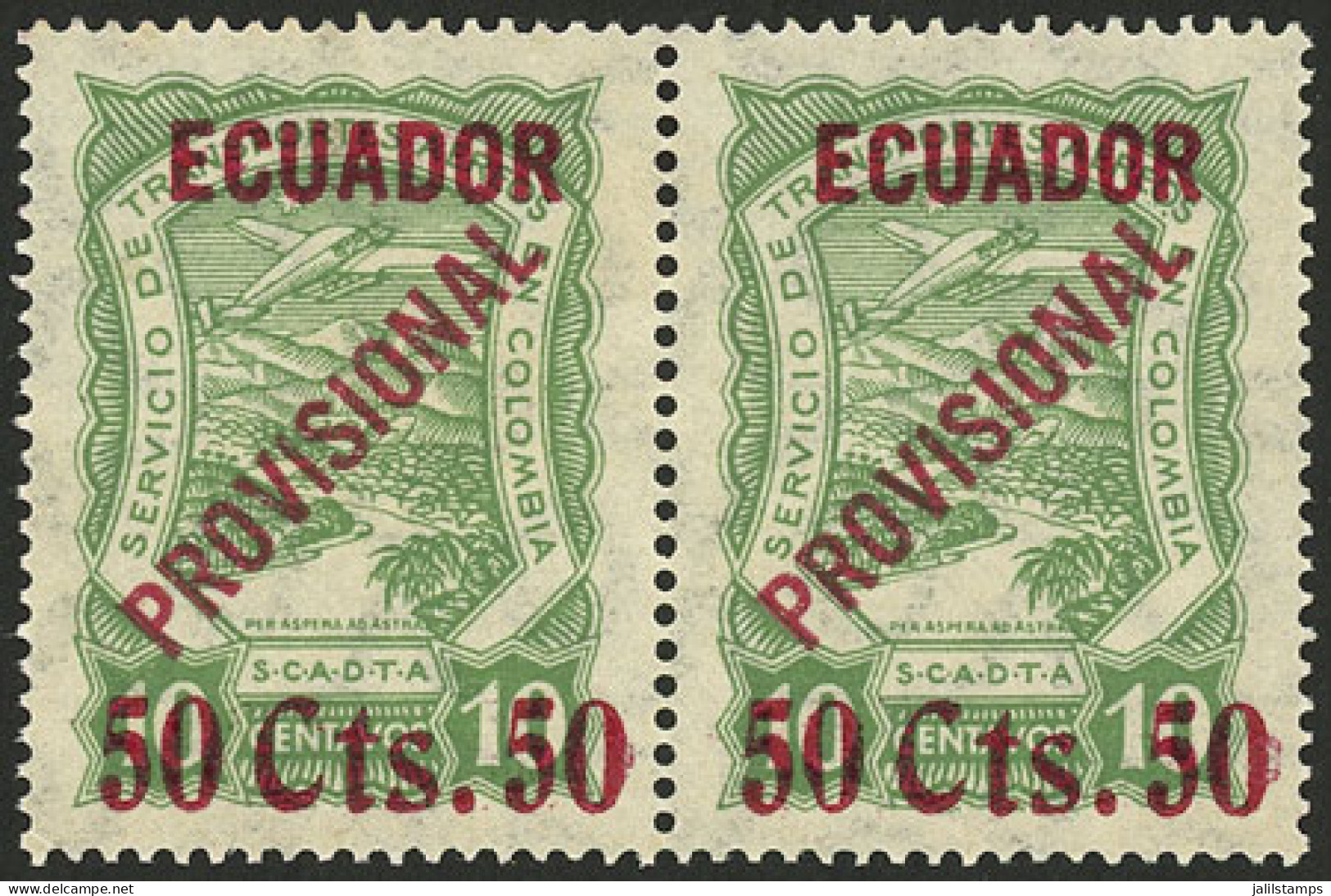 ECUADOR: Sc.C6 (Yvert A.1), 1928 50Cts. On 10c. Green, Extremely Rare MNH Pair Of Excellent Quality, Catalog Value US$1, - Equateur