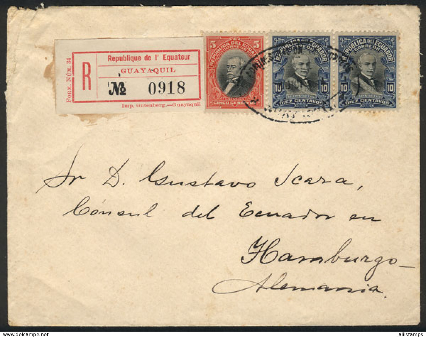 ECUADOR: Registered Cover Sent From Guayaquil To Hamburg In DEC/1914 Franked With 25c., Very Nice! - Equateur