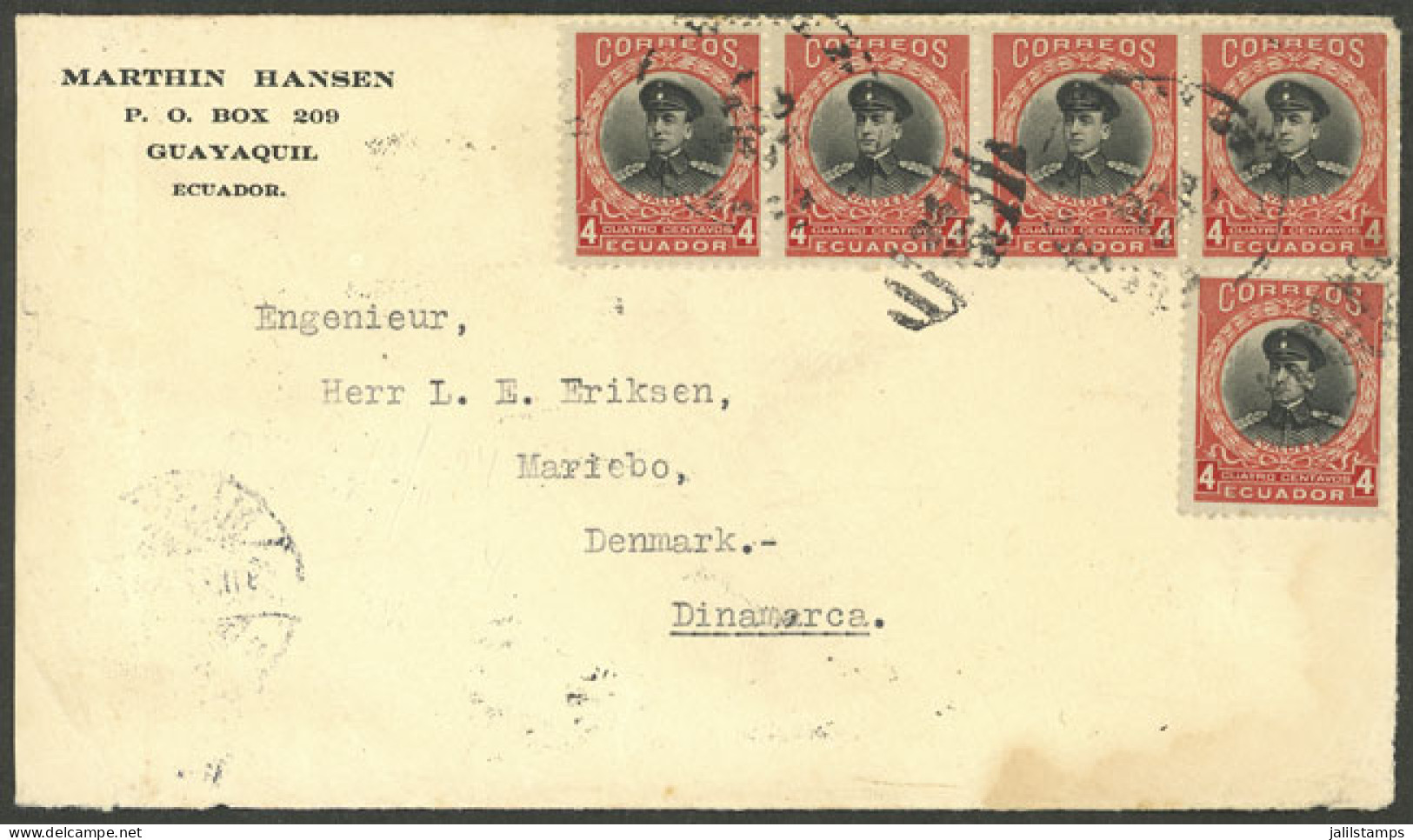 ECUADOR: Cover Sent From Guayaquil To Denmark In OC/1921 Franked With 20c., Arrival Backstamp, Rare Destination! - Equateur