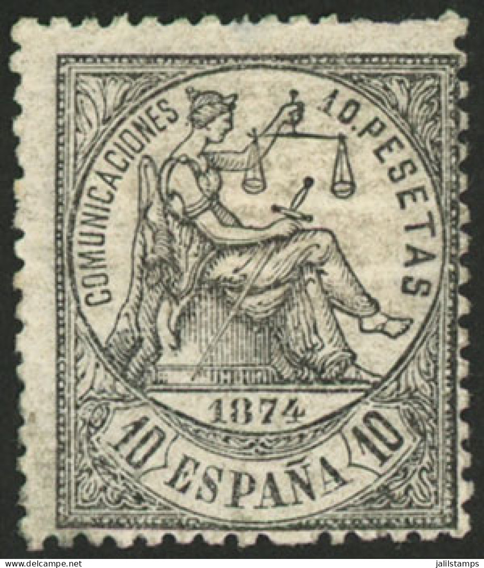 SPAIN: Yvert 150, 1874 Justice 10P. Black, Mint Part Original Gum, With A Strong Paper Hinge On Back, Minor Defect, Very - Other & Unclassified