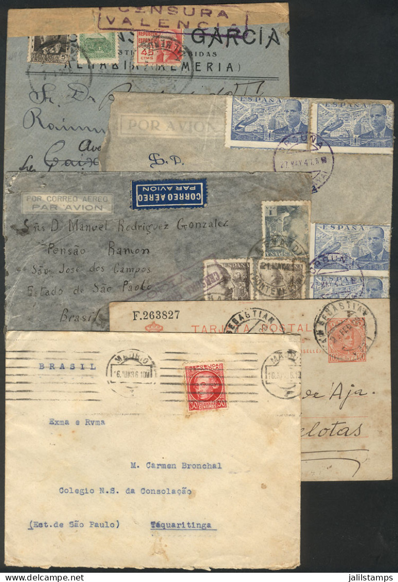 SPAIN: 5 Covers Etc. Sent To Brazil Between 1908 And 1941, 3 Covers With Censor Marks Of The Civil War, Interesting! - Other & Unclassified