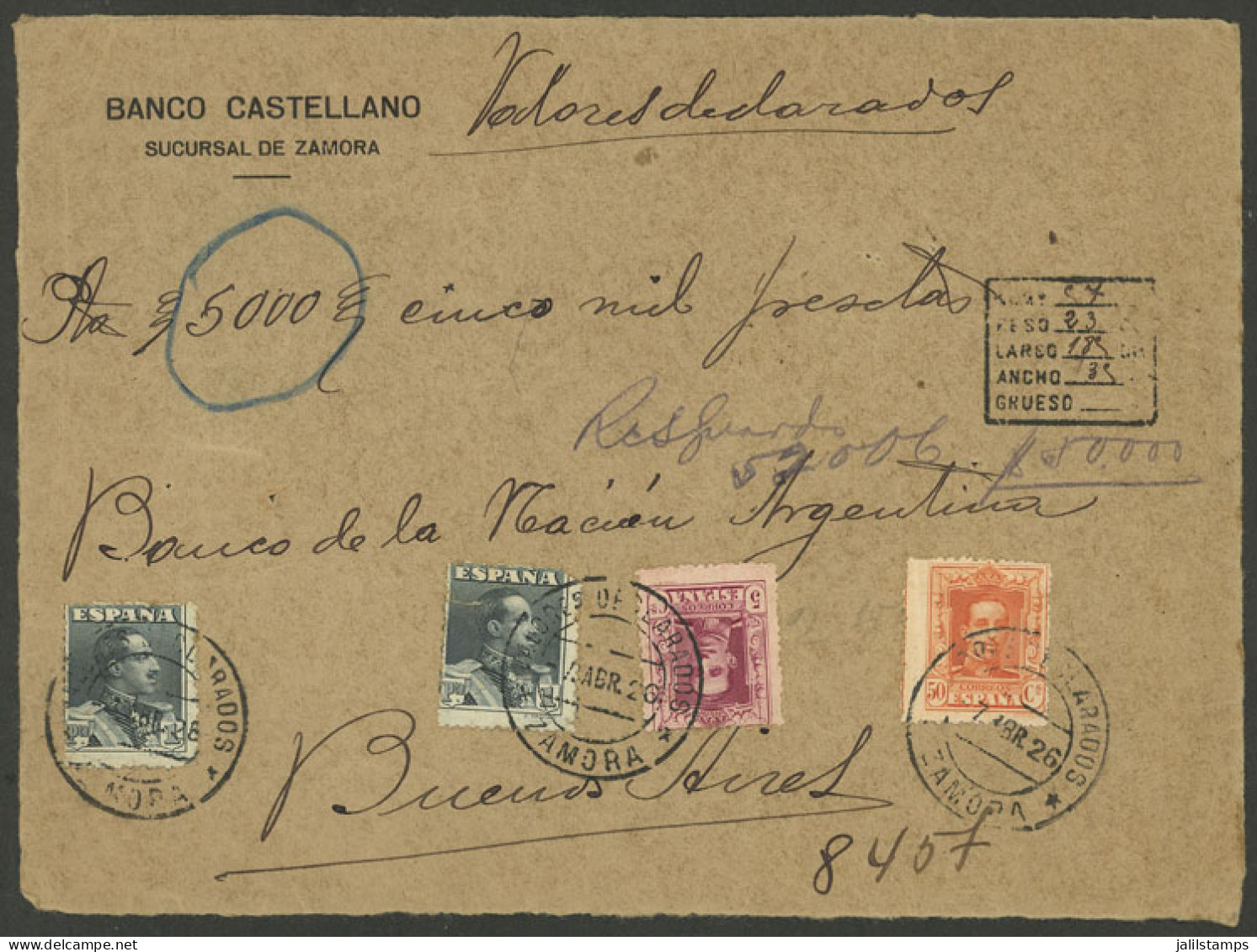 SPAIN: Cover Front With DECLARED VALUE Of 5,000 Ptas. Sent From Zamora To Argentina On 7/AP/1926 Franked With 2.55 Ptas. - Sonstige & Ohne Zuordnung