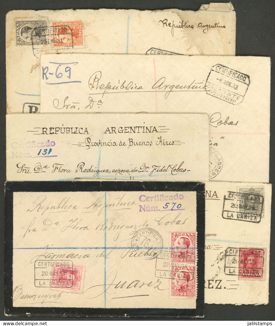 SPAIN: 5 Registered Covers Sent To Argentina Between 1929 And 1933 From LA CAÑIZA And CRECIENTE, There Are Nice Postages - Autres & Non Classés