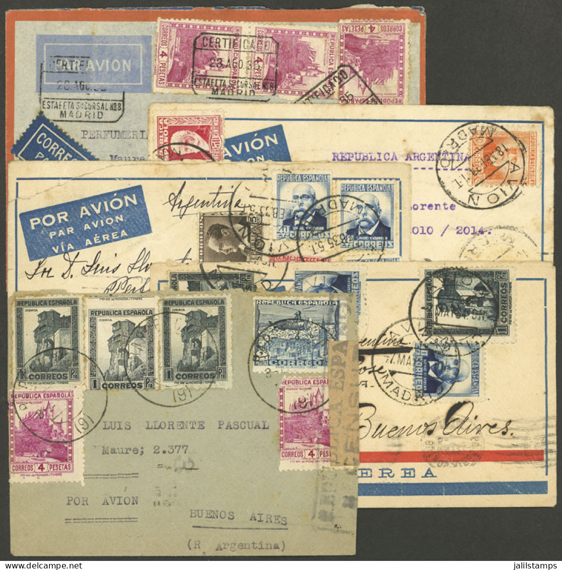 SPAIN: 5 Airmail Covers Sent To Argentina Between 1934 And 1939, By Air France. One Censored, Nice Postages, Some With S - Other & Unclassified