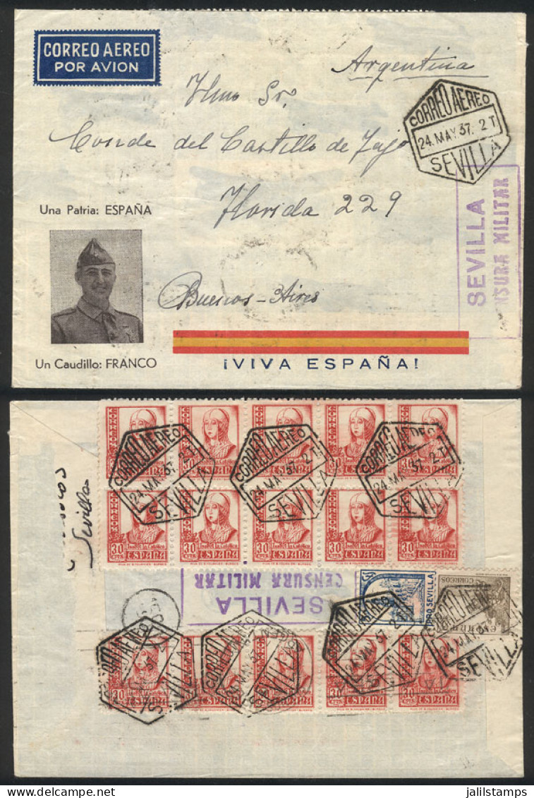 SPAIN: 24/MAY/1937 Sevilla - Buenos Aires, Patriotic Francoist Cover Sent By Airmail With Attractive Postage On Back, An - Altri & Non Classificati