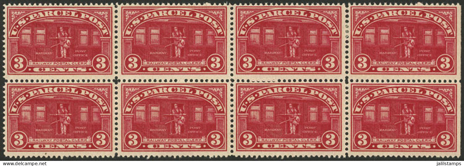 UNITED STATES: Sc.Q3, 1913 3c. Railway Postal Clerk, Beautiful MNH BLOCK OF 8 (2 With Tiny Hinge Mark), VF Quality, Cata - Otros & Sin Clasificación