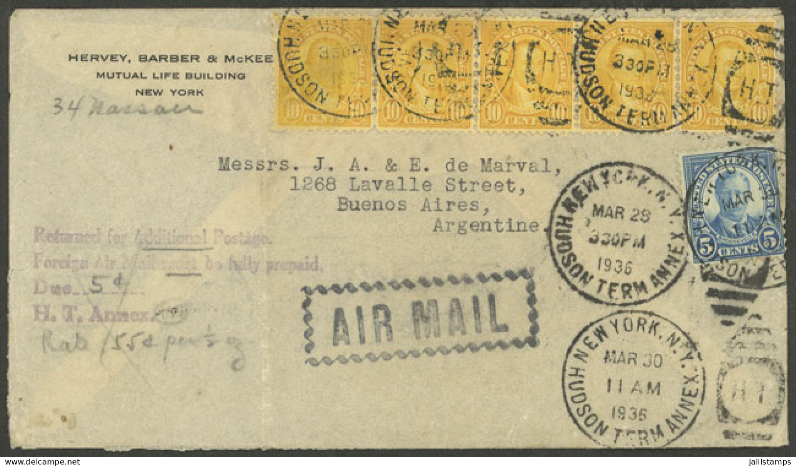 UNITED STATES: 28/MAR/1936 New York - Argentina, Airmail Cover Originally Franked With 50c. And Returned To Sender To Co - Otros & Sin Clasificación