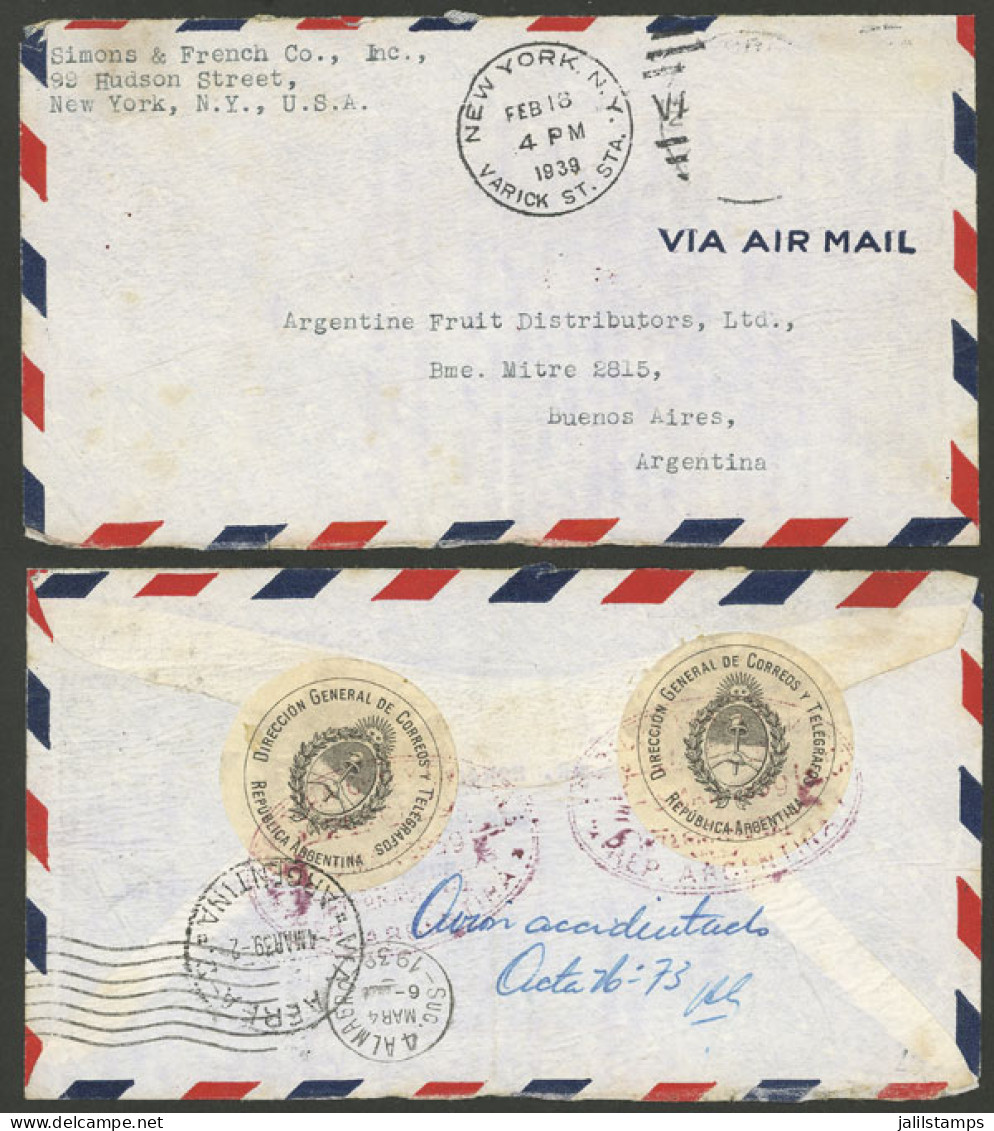 UNITED STATES: CRASH COVER: Cover Sent From New York To Argentina On 18/FE/1939 With Postage Missing And Signs Of Water  - Otros & Sin Clasificación