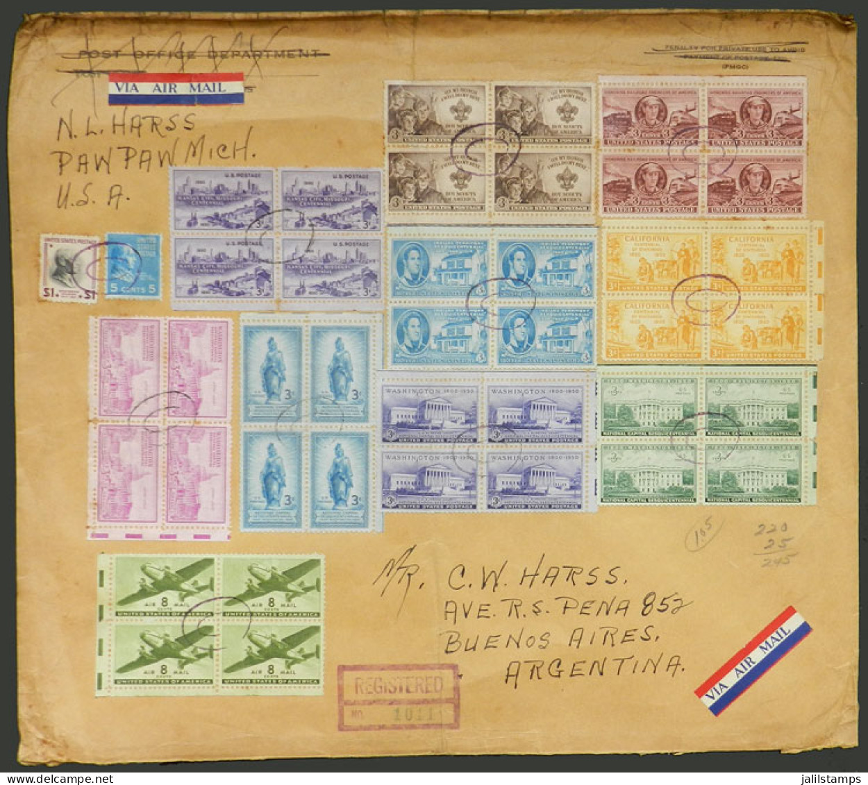 UNITED STATES: Large Cover Sent By Registered Airmail From PAW PAW (MI) To Argentina On 8/DE/1950 With Spectacular Multi - Other & Unclassified