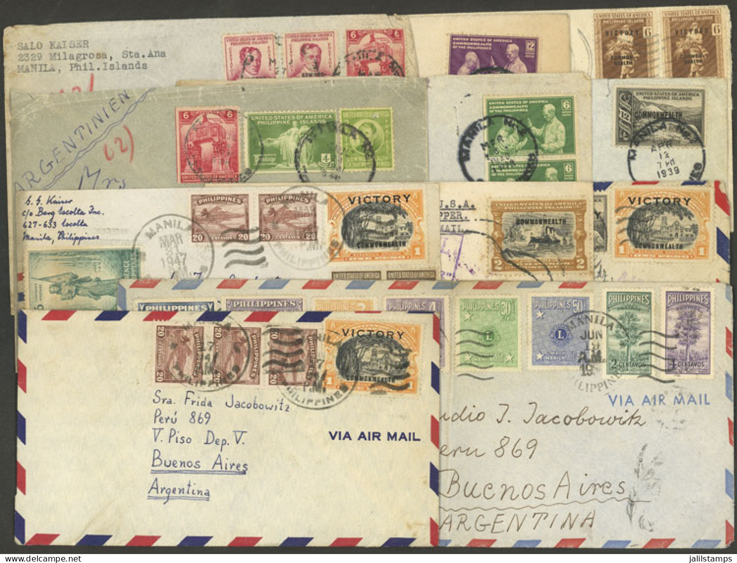 PHILIPPINES: 11 Covers Sent To Argentina Between 1939 And 1947, Almost All Airmail, Mixed Quality (some With Defects, Ot - Philippines