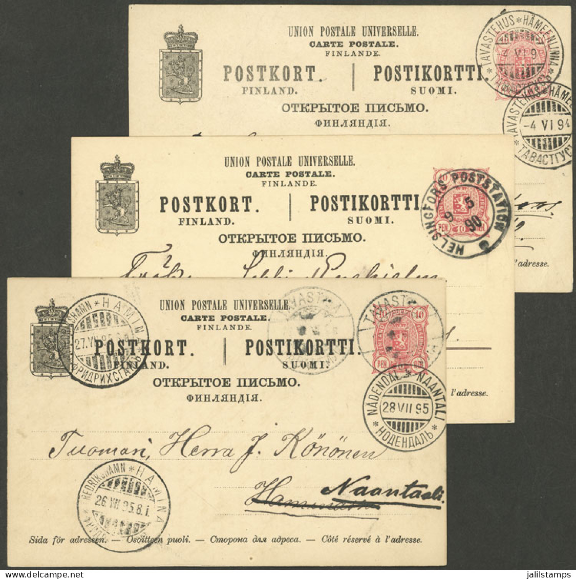 FINLAND: 3 Postal Cards Used Between 1890 And 1895, Nice Cancels, Very Fine Quality! IMPORTANT: Please View All The Phot - Autres & Non Classés