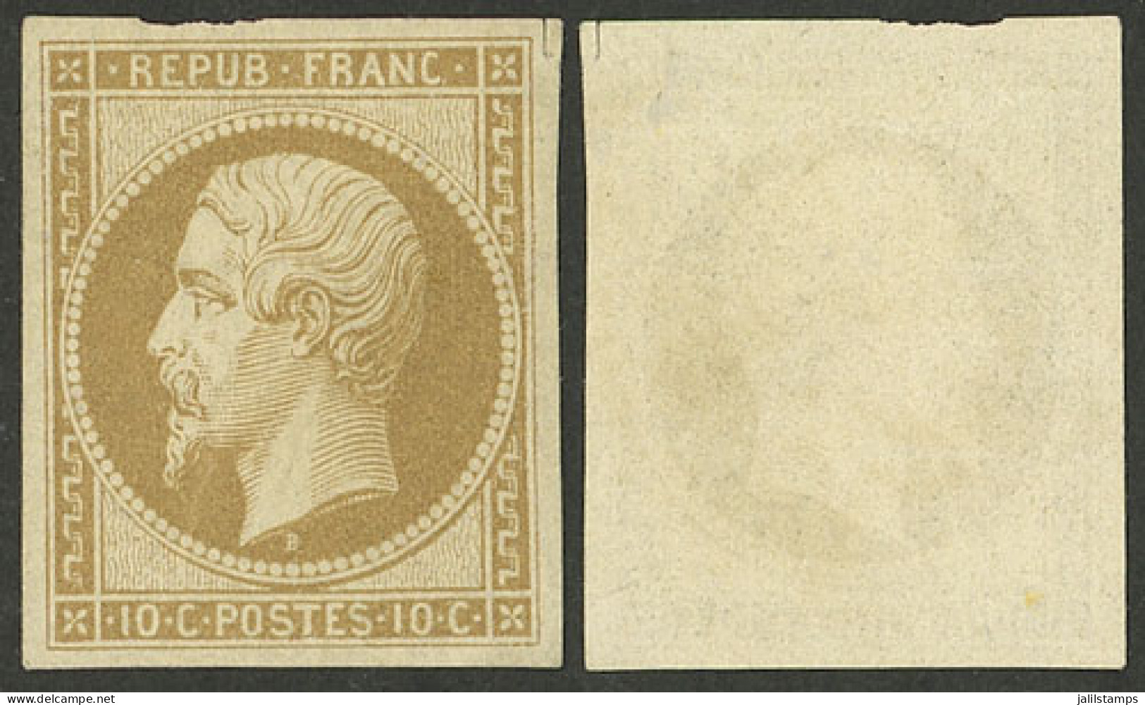 FRANCE: Yvert 9c, 1852 10c. Yellowish Bistre, Reprint, Mint Without Gum, VF Example! - Autres & Non Classés