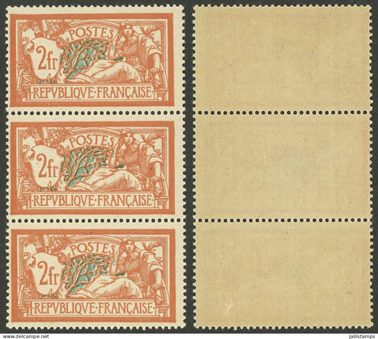 FRANCE: Yvert 145, 1907 2Fr., Fantastic Vertical Strip Of 3 Stamps, MNH, Perfect, Excellent Quality! - Other & Unclassified