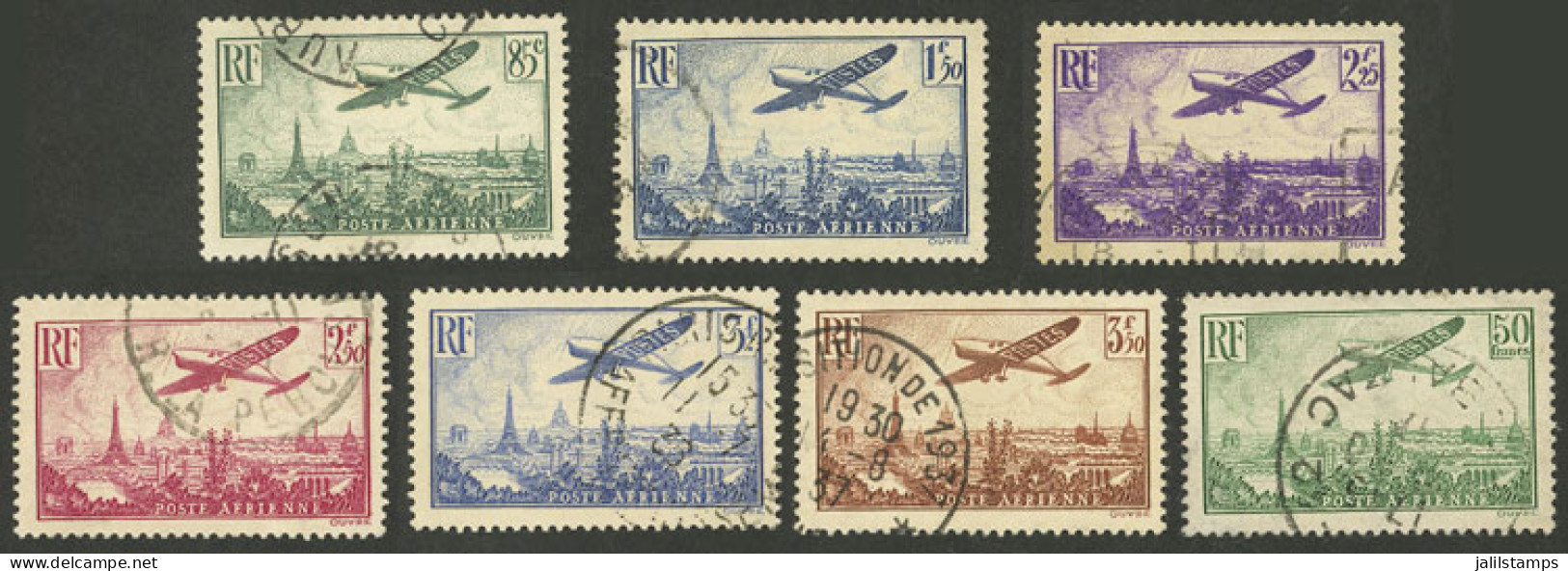 FRANCE: Yvert 8/14, 1936 Airplane Flying Over Paris, Cmpl. Set Of 7 Used Values, Very Fine Quality! - Autres & Non Classés