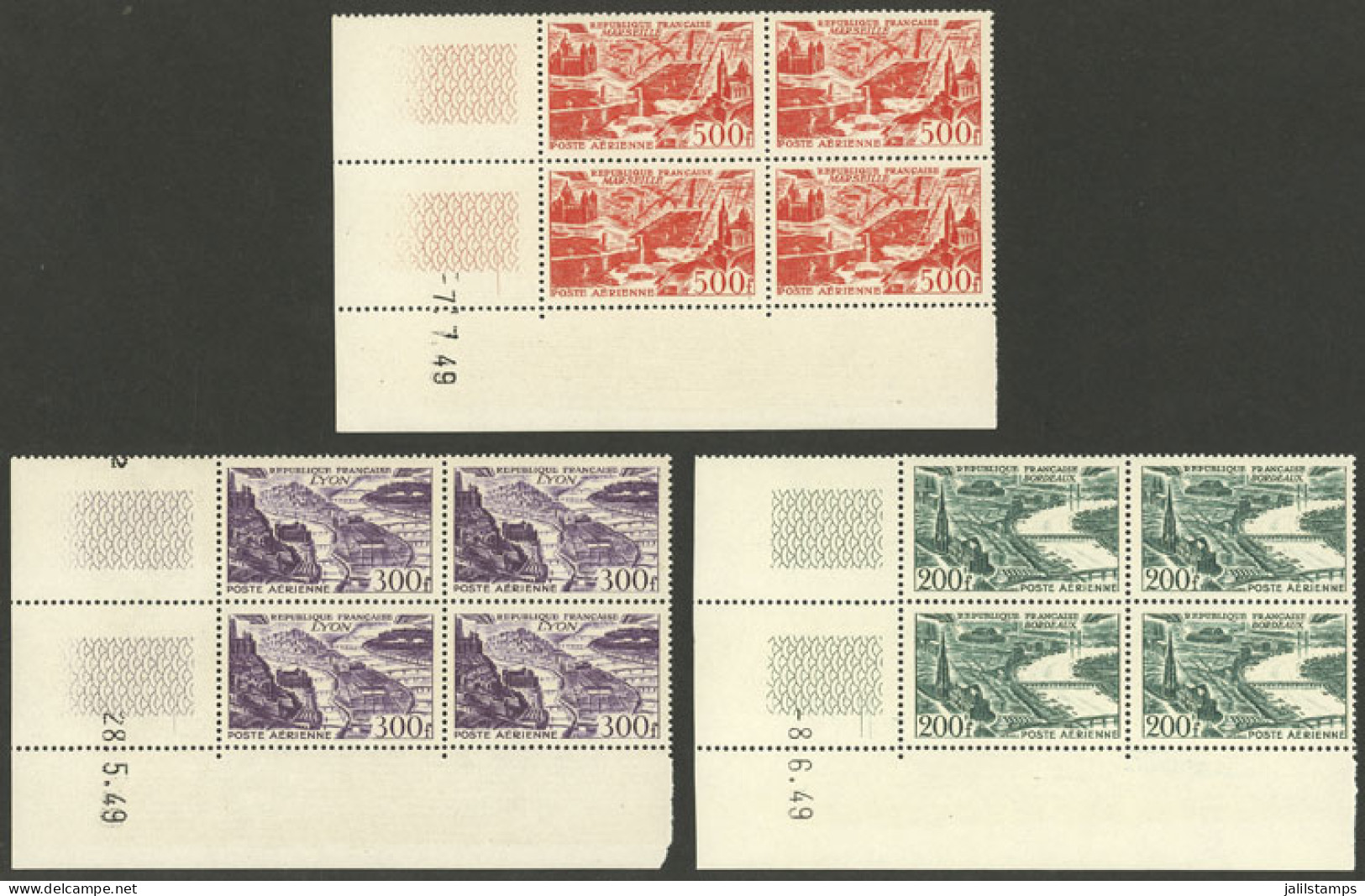 FRANCE: Yvert 25/27, 1949 The 3 High Values Of The Set Of 4, Corner Blocks Of 4 With Date In The Margins, MNH, Excellent - Altri & Non Classificati