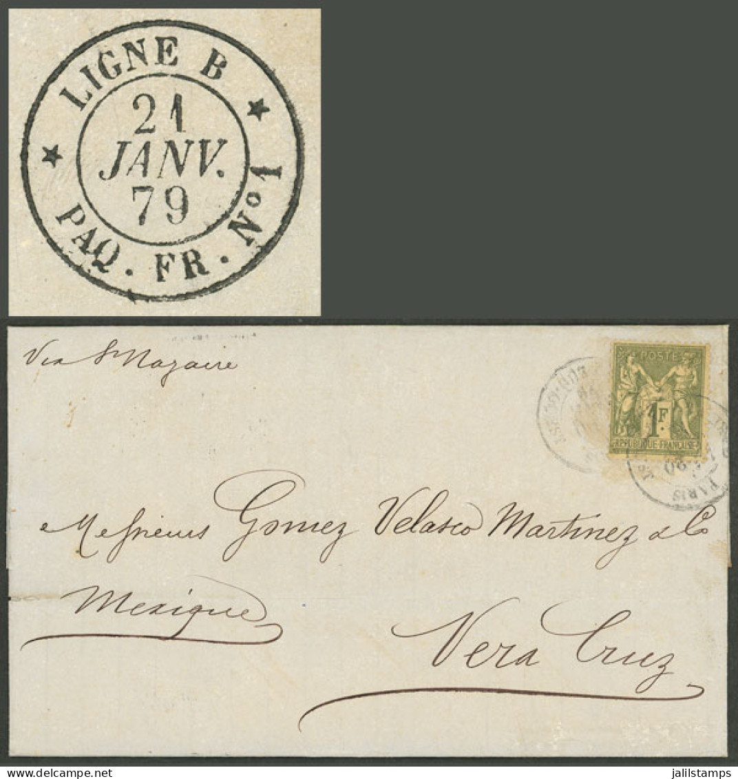 FRANCE: 20/JA/1879 Paris - Mexico, Folded Cover Sent "via St. Nazaire" Franked With 1Fr. Peace & Commerce Type I (Sc.76  - Otros & Sin Clasificación