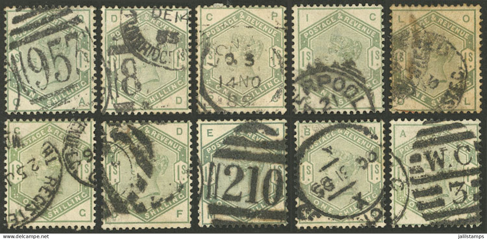 GREAT BRITAIN: Sc.107, 1883/4 1s. Green, 10 Used Examples, Fine To Very Fine Quality, Catalog Value US$3,000, Good Oppor - Autres & Non Classés