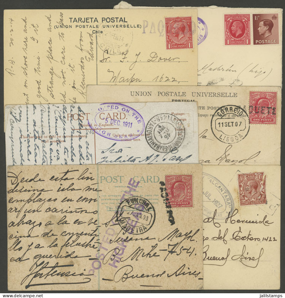 GREAT BRITAIN: 5 Postcards + 1 Cover Sent From Ships At Sea To Argentina Between 1907 And 1937, With Varied Postal Marks - Other & Unclassified