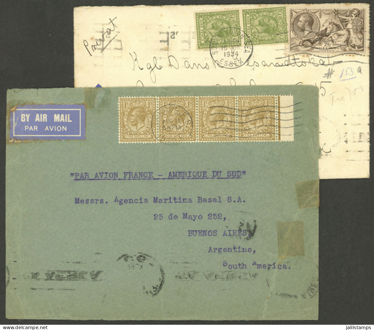 GREAT BRITAIN: 2 Airmail Covers Sent To Argentina In 1932 And 1934 By Air France, On Back There Are Transit Marks Of Tou - Otros & Sin Clasificación