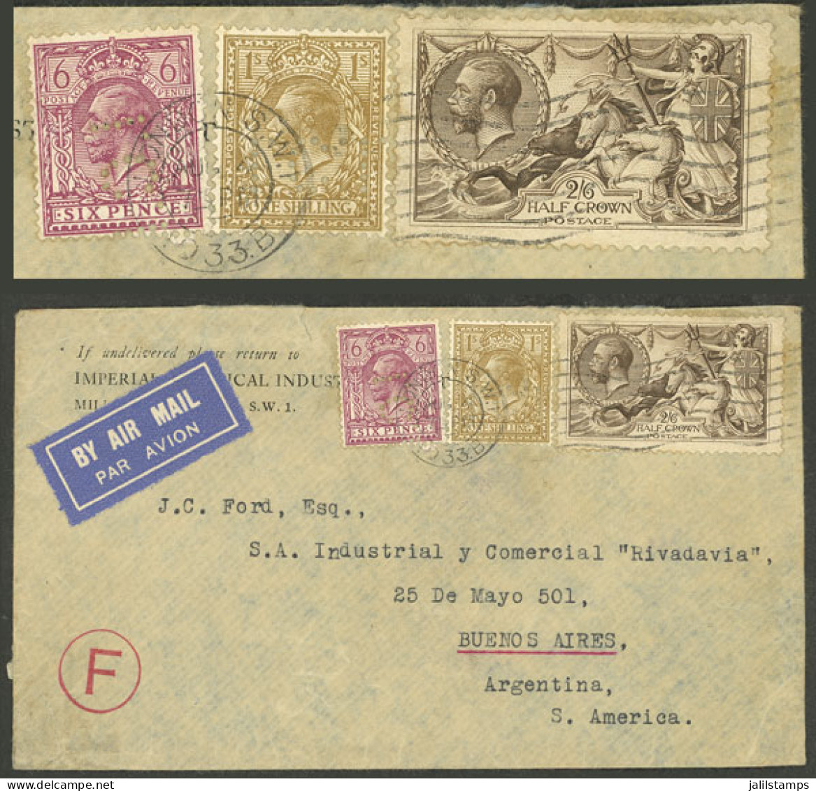 GREAT BRITAIN: PERFINS: Airmail Cover Sent From London To Argentina On 4/AU/1933 With Nice Franking (2 Stamps With "I.C. - Otros & Sin Clasificación