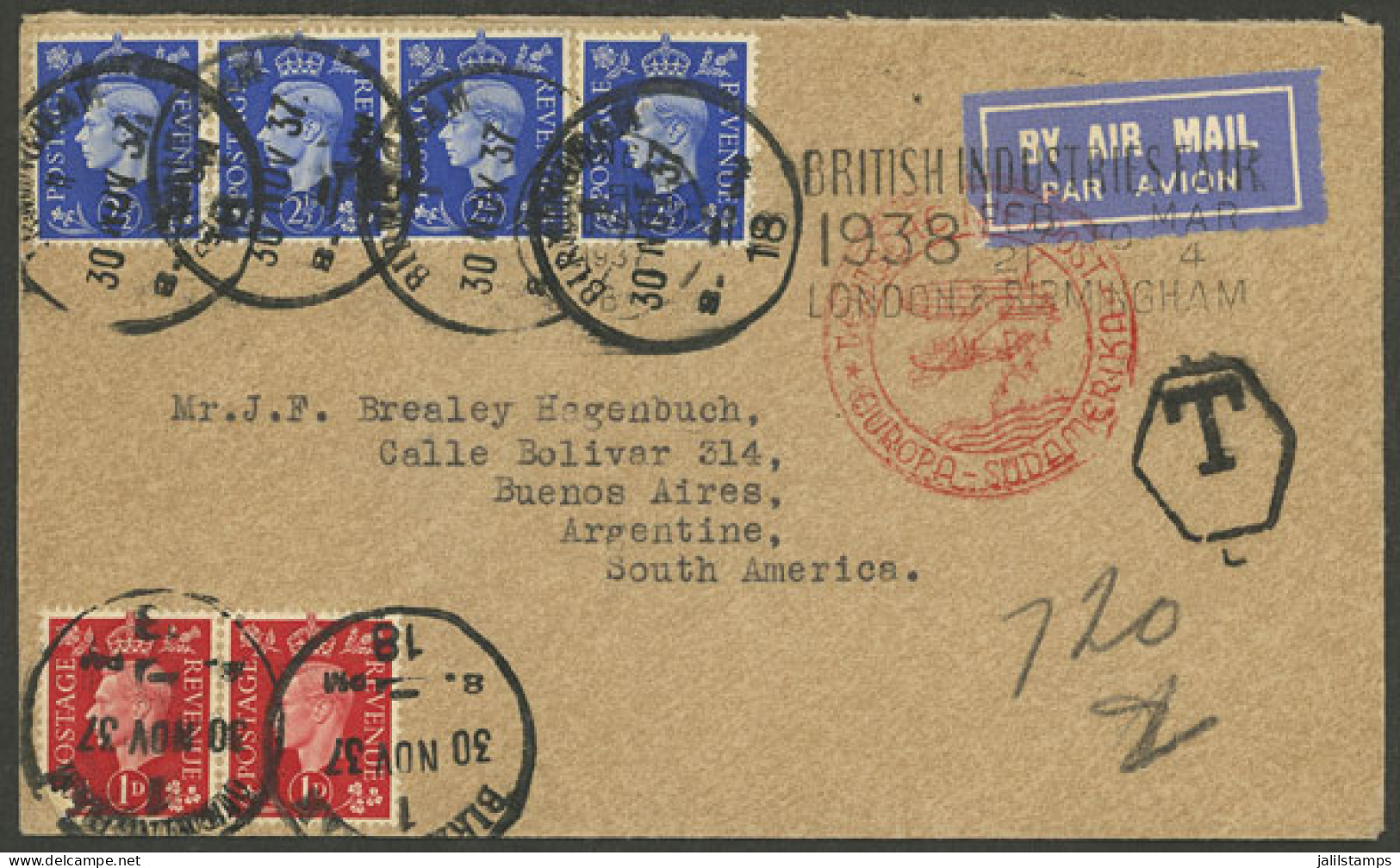 GREAT BRITAIN: 30/NO/1937 Birmingham - Argentina, Airmail Cover Sent By Germany DLH, With Dues Mark. On Back It Bears A  - Other & Unclassified