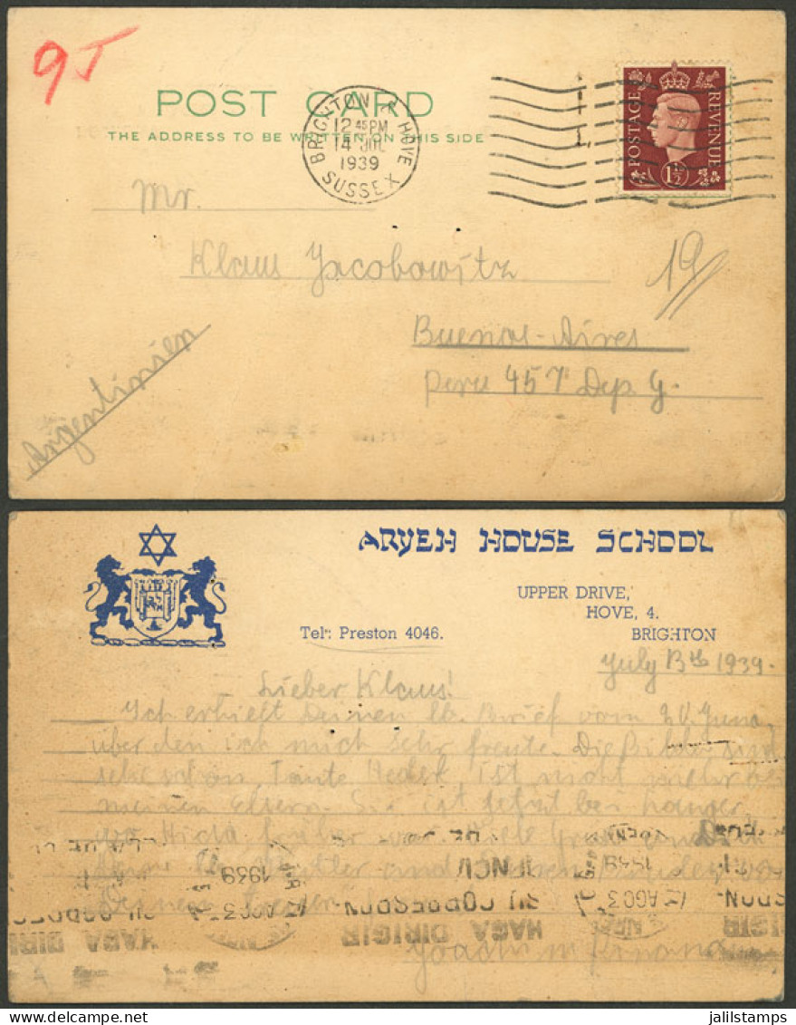 GREAT BRITAIN: JUDAICA: Card With Printed Emblem Of A Jewish School, Sent To Argentina On 14/JUL/1939, Minor Defects, In - Otros & Sin Clasificación