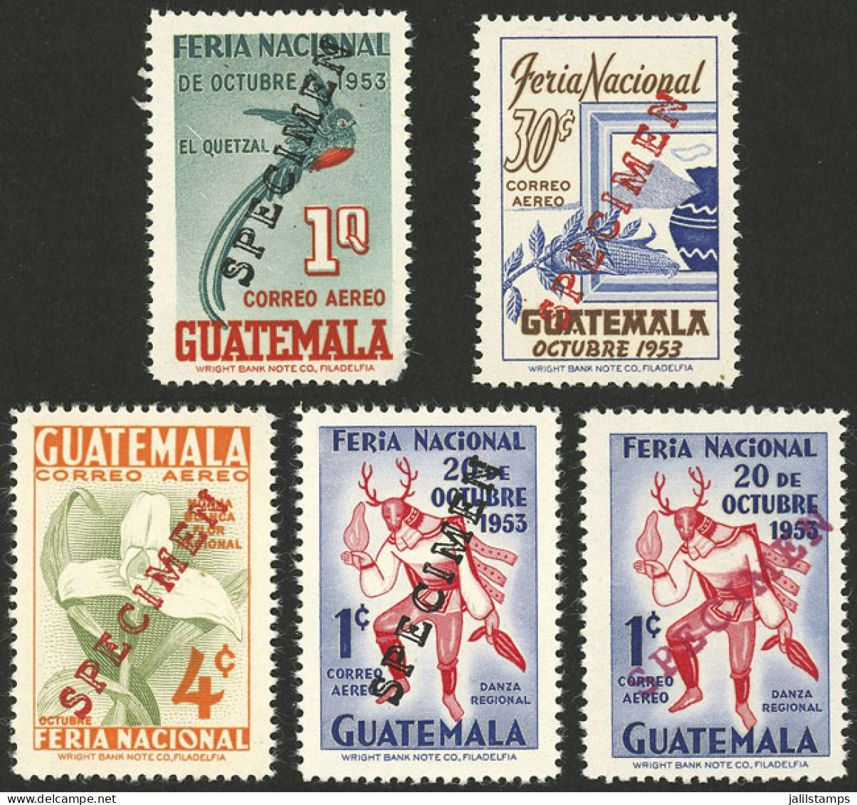 GUATEMALA: Sc.189 + Other Values, 1953 National Fair (flowers, Dances Etc.), 5 Values With SPECIMEN Overprint, All Diffe - Guatemala