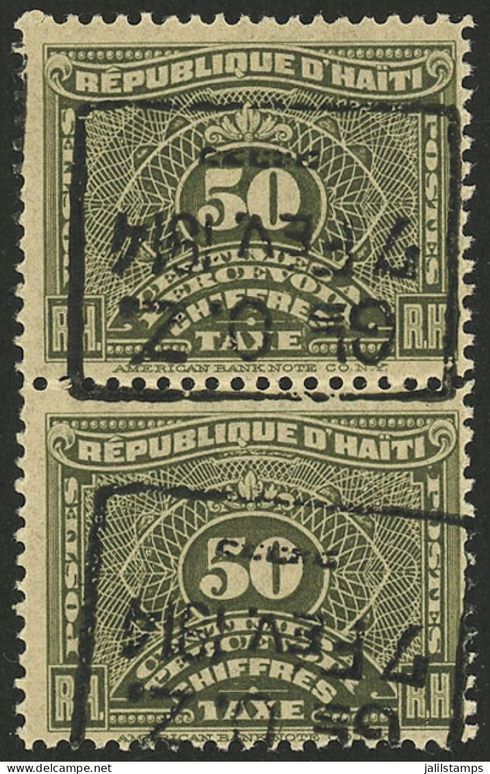 HAITI: Sc.J20, 1914 50c. Olive Gray, Pair With INVERTED OVERPRINT, MNH, Excellent Quality! - Haiti