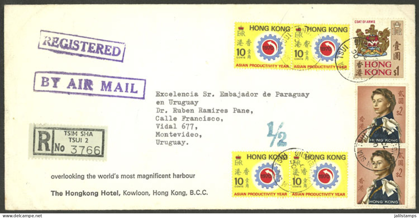 HONG KONG: Registered Airmail Cover Sent From TSIM SHA TSUI To Uruguay On 7/OC/1970 Franked With 5.40$, VF Quality! - Otros & Sin Clasificación