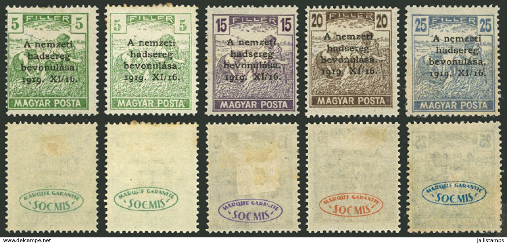 HUNGARY: Yvert 263A + Other Values, 5 Stamps Of 1919 With Interesting Impression On Back "MARQUE GARANTIE - SOC-MIS" In  - Sonstige & Ohne Zuordnung