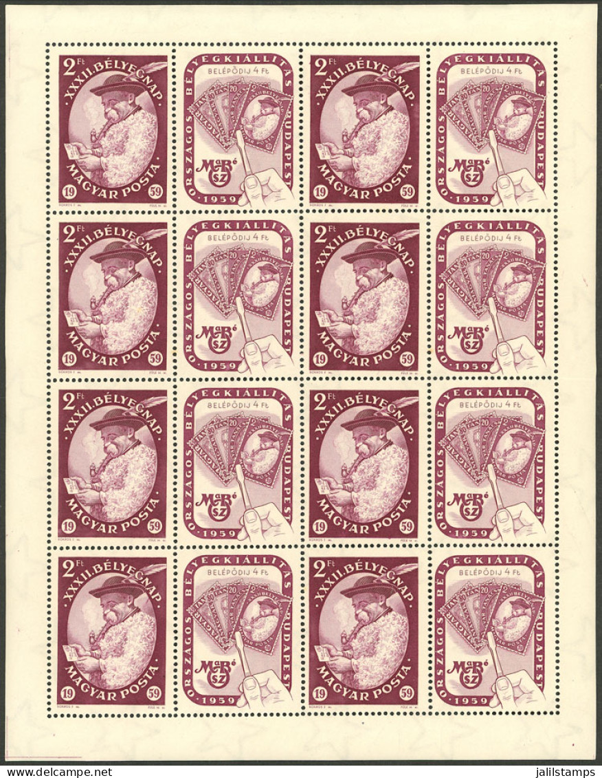 HUNGARY: Yvert 1315, 1959 Philatelic Exposition, Sheet With 8 Stamps + 8 Cinderellas, MNH, With A Central Crease Along T - Sonstige & Ohne Zuordnung