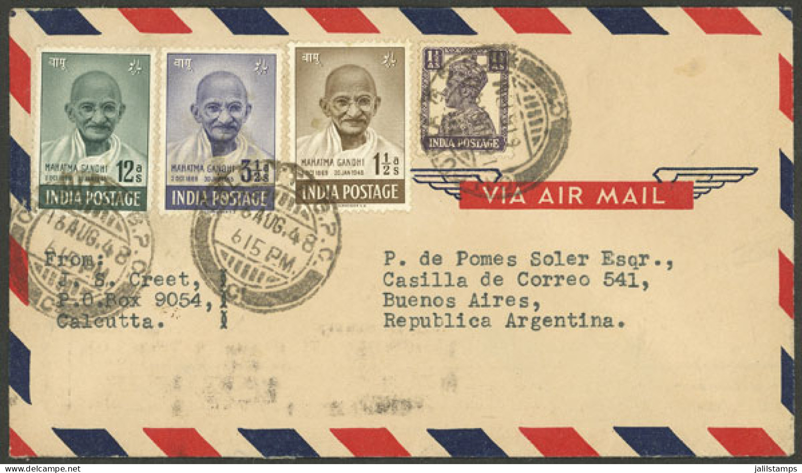 INDIA: Airmail Cover Sent To Argentina On 16/AU/1948, Franked With 3 Values Of The GANDHI Issue, Sent On The Second Day  - Otros & Sin Clasificación