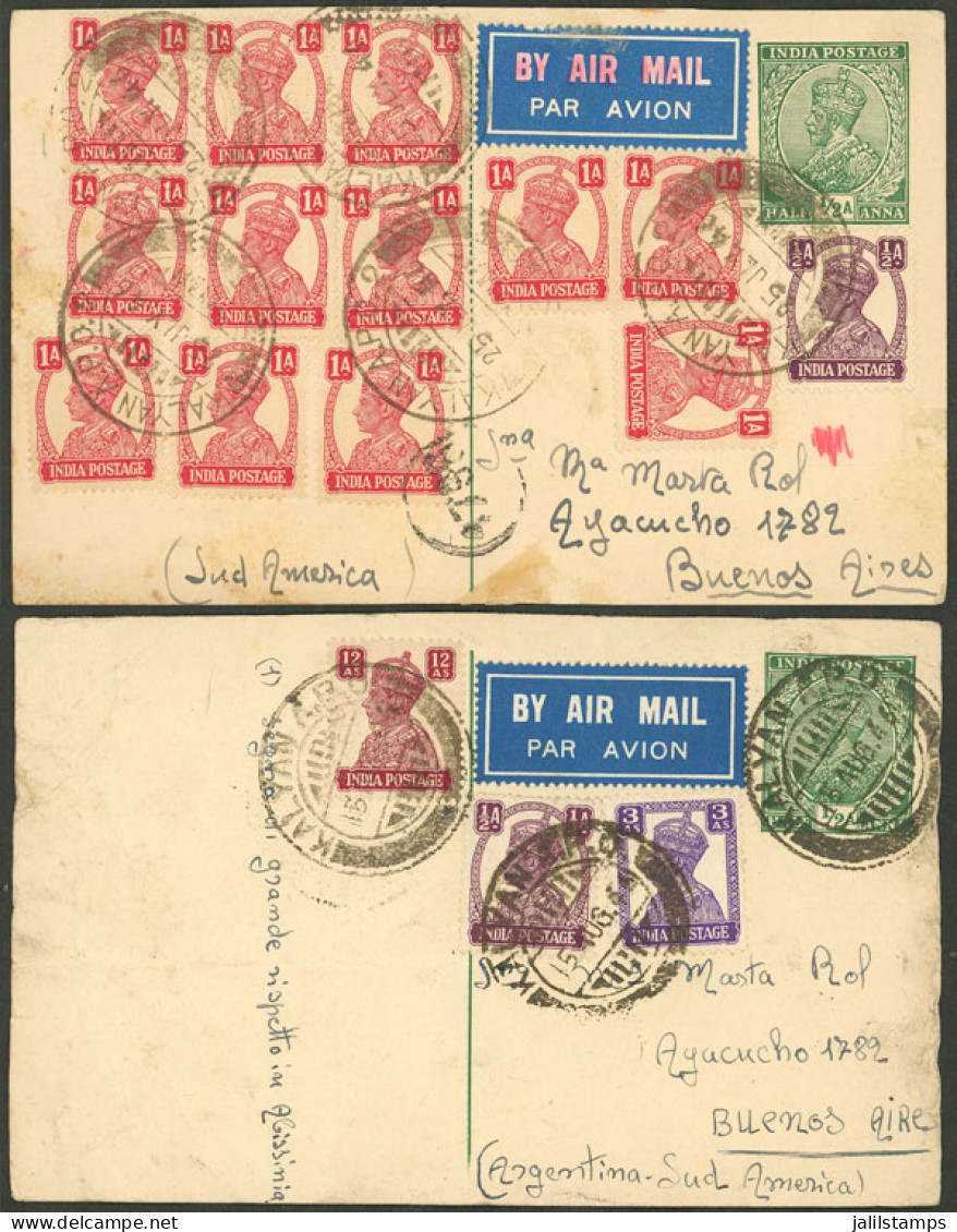 BRITISH INDIA: 2 Airmail Cards Sent To Argentina In JUL And AU/1946, Nice Postages And Cancels, Rare Destination! - Sonstige & Ohne Zuordnung