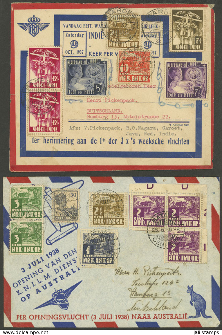 NETHERLANDS INDIES: 2 Airmail Covers Sent To Germany In 1937/8 With Attractive Postages With Minor Defects, Fine Appeara - Niederländisch-Indien