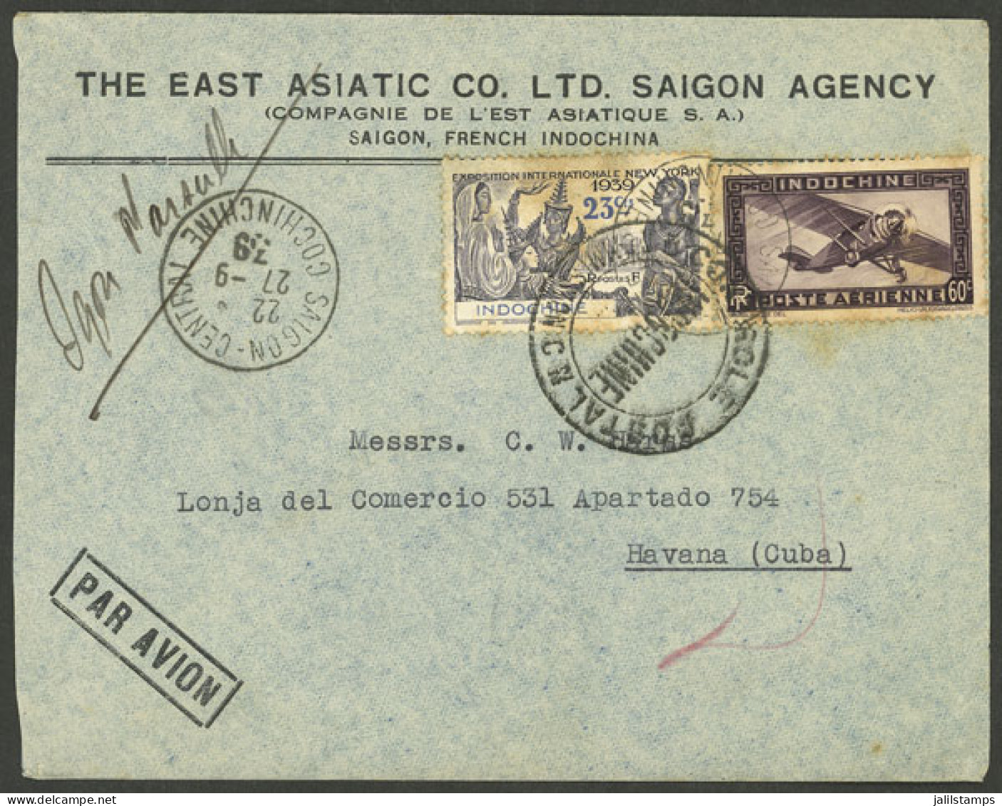 INDOCHINA: RARE DESTINATION: 27/SE/1939 Saigon - Cuba, Airmail Cover Franked With 83c., Censored On Front Over The Stamp - Autres & Non Classés