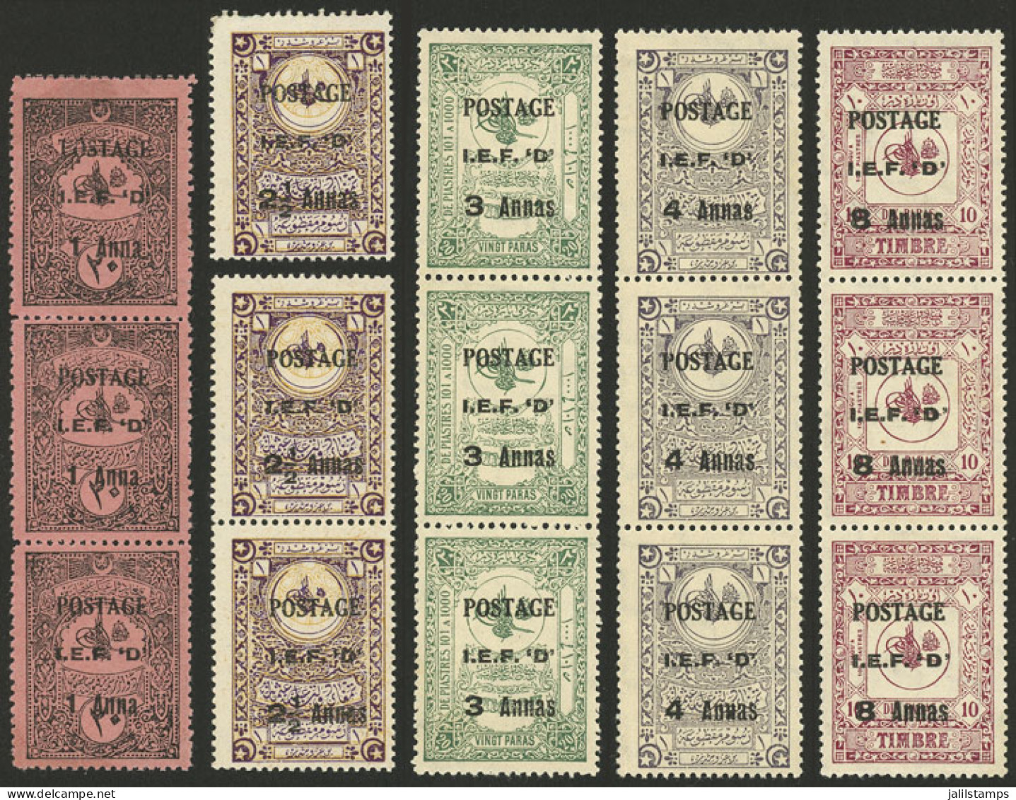 IRAQ: Sc.N43 + Other Values, 1919 5 Overprinted Values Of Turkey, Strips Of 3 (the 2½ Value In Pair + Single), MNH, Supe - Irak